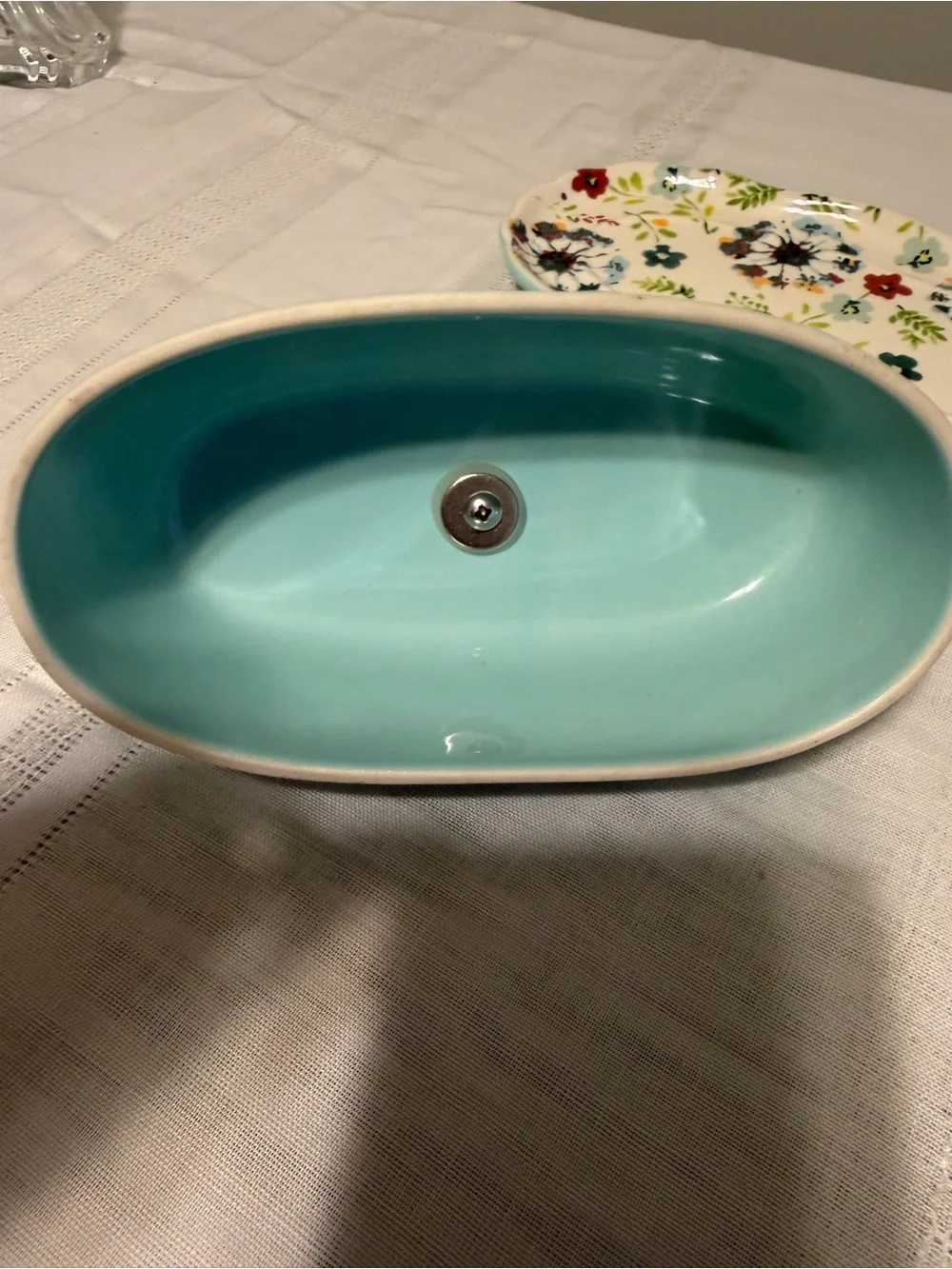 Pioneer Woman Blue Embossed Ceramic Butter Dish with Glass Knob